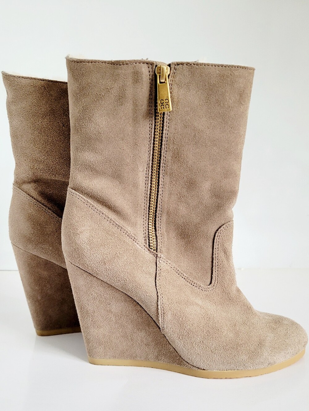 Coach Danee Taupe Suede Shearling Wedge Ankle Boots with Side Zip 10 - Picture 4 of 16